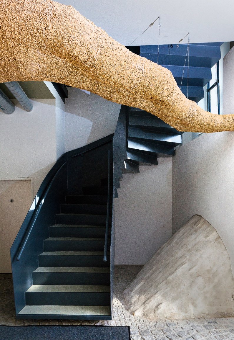 Eine große Skulptur aus Kirschkernen von Künstler Henrik Schrat windet sich entlang durch das Treppenhauses im Architektur- und Umwelthaus (AUH) 