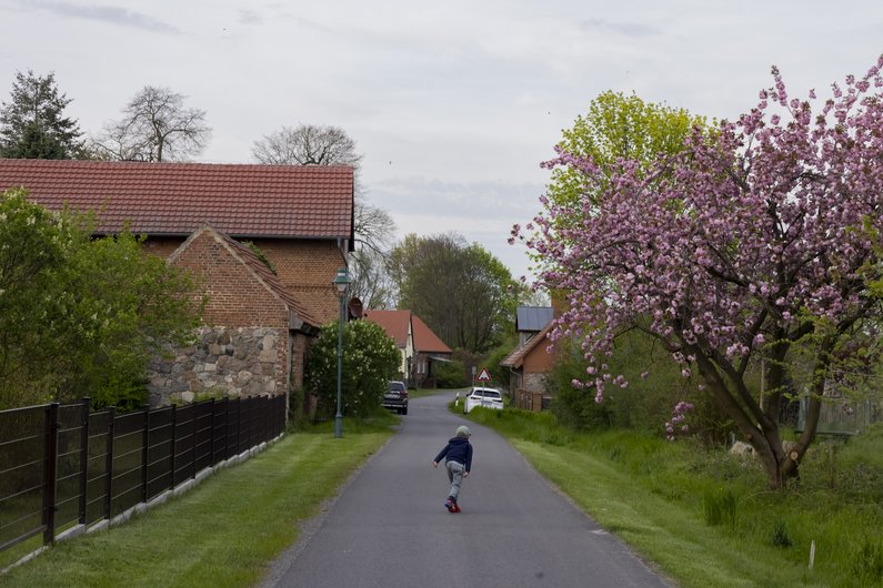 Ein Kind läuft auf einer von Bäumen umgebenen Straße von Sauen 