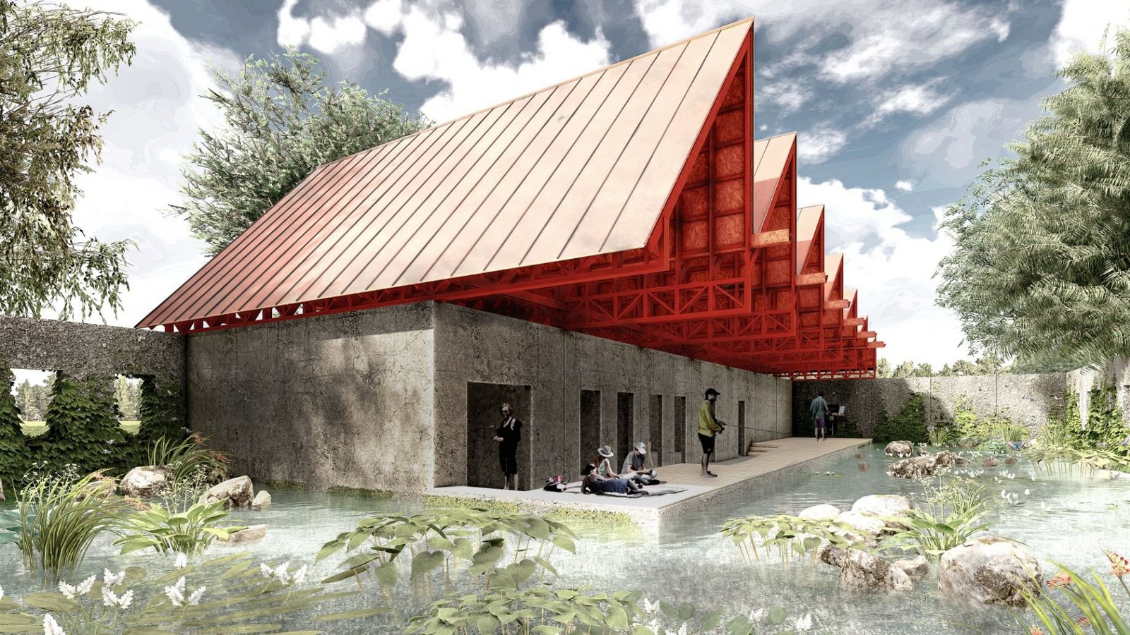 Rendering Wohnküchenpavillon Modellierte Idee des Wohnküchenpavillons in Züsedom, auf dem Schulgrundriss steht ein Dach, welches Regenwasser abfließen lässt