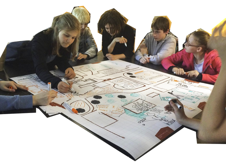 Several children painting a large poster together as part of "Anthropogy for Kids".