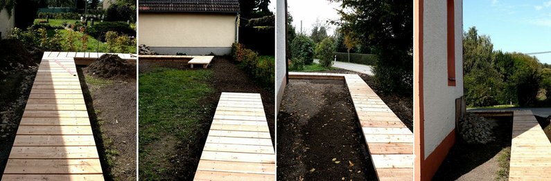 Four different views of the wooden footbridge " Pleasure Walk" in Kleinliebenau