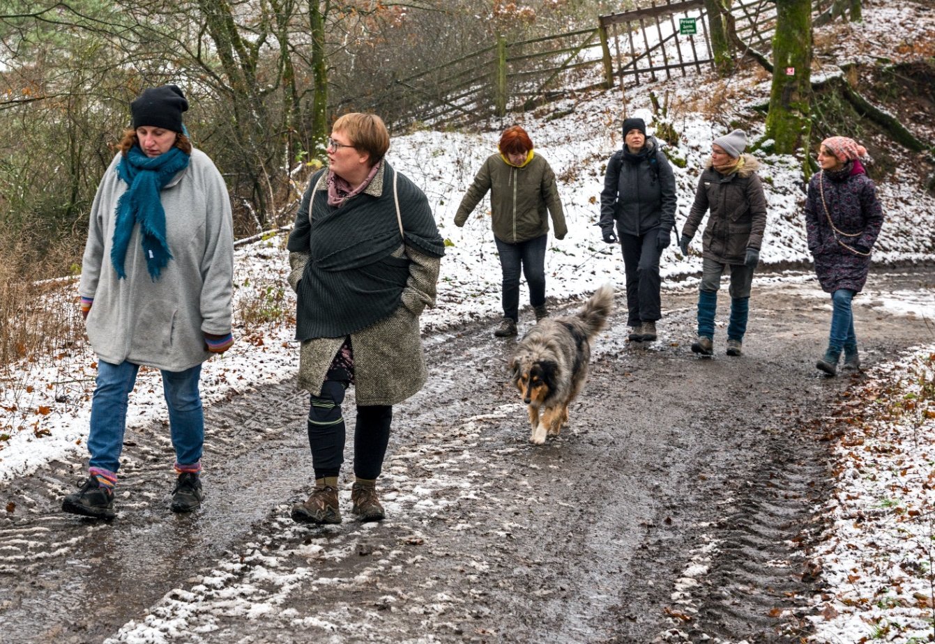 Several persons of The New Patrons of Waldeck-Frankenberg are walking in the forest