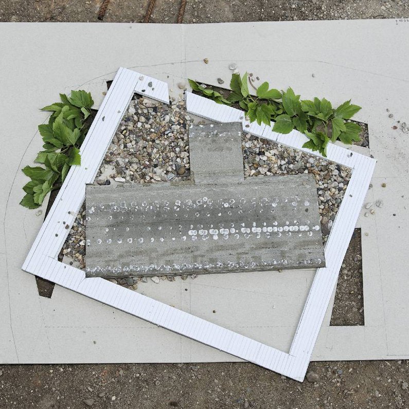 Model made of cardboard, stones and leaves shows the ground plan of Kleinliebenau church and the " pleasure walk" leading around it from above.