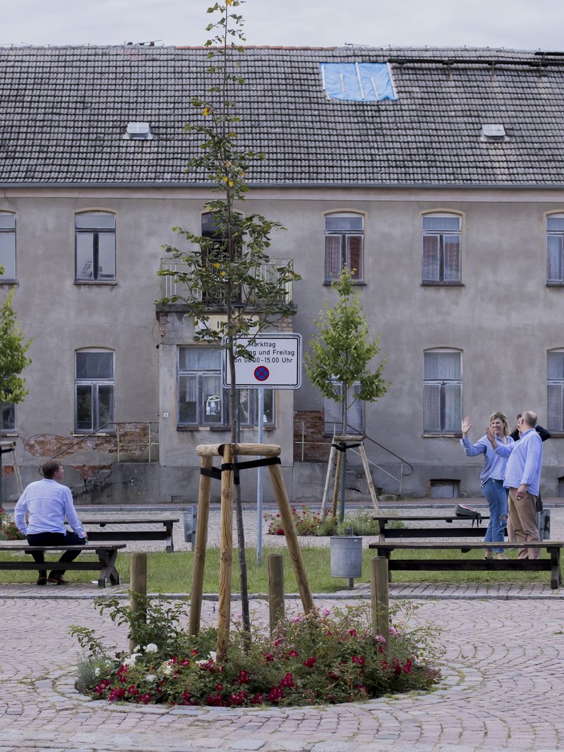 Streetview of the Penkun Market Square, with houses, persons and a tree