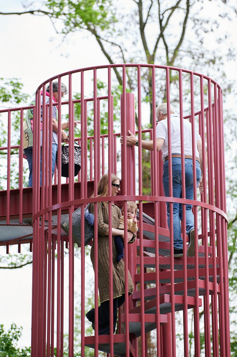 Red spiral staircase in "A Garden with Bridges" in Mönchengladbach