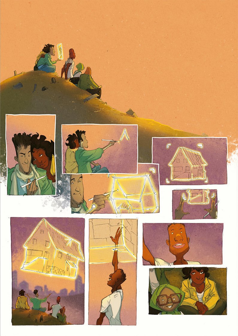 Seite aus „Temple of Refuge“, Illustration von Felix Mertikat, verfasst von Bruce Sterling
