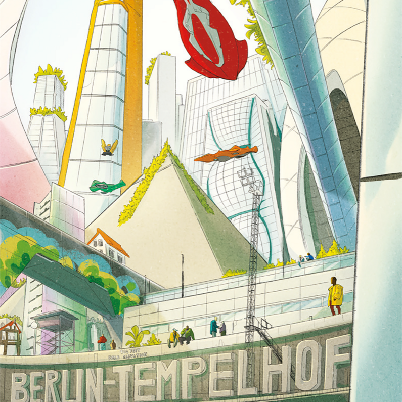 Seite aus „Temple of Refuge“, Illustration von Felix Mertikat, verfasst von Bruce Sterling