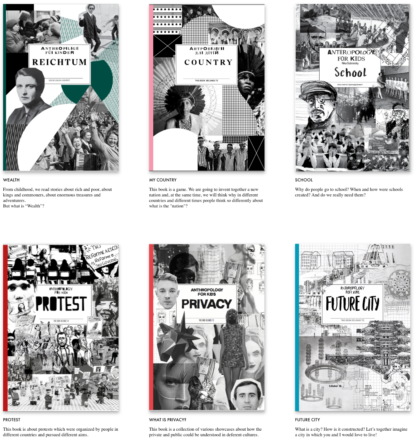 Six different covers with different themes of the publications that were created within the framework of "Anthropology for Kids"
