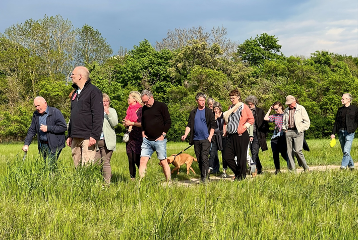 A group of mediators walks along a meadow with a group of New Patrons.